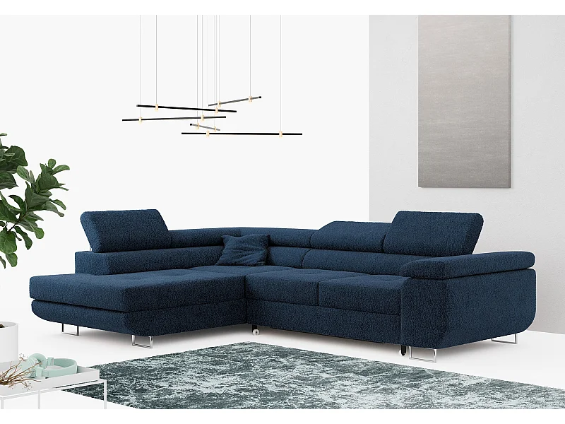 Ecksofa GUSTAW - mit Schlaffunktion, verstellbare Kopfstützen, Metallbeine - Dunkelblau Boucle - Ecke Links