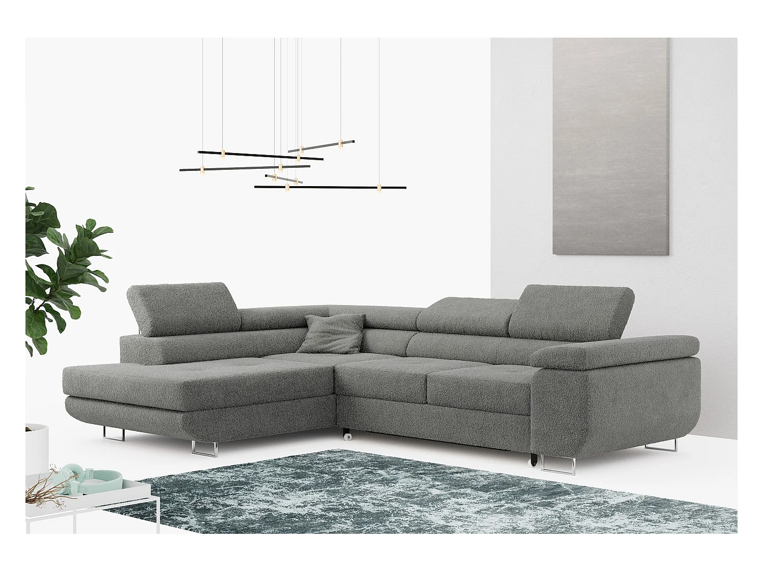 Ecksofa GUSTAW - mit Schlaffunktion, verstellbare Kopfstützen, Metallbeine - Grau Boucle - Ecke Links