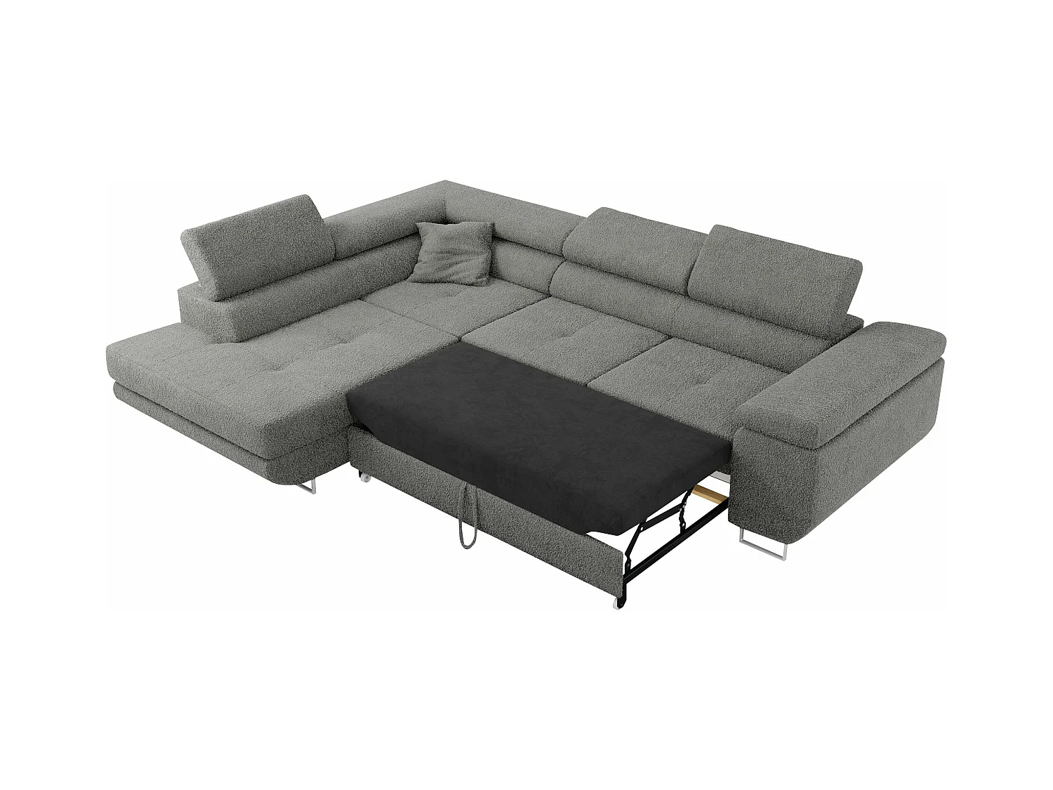 Ecksofa GUSTAW - mit Schlaffunktion, verstellbare Kopfstützen, Metallbeine - Grau Boucle - Ecke Links