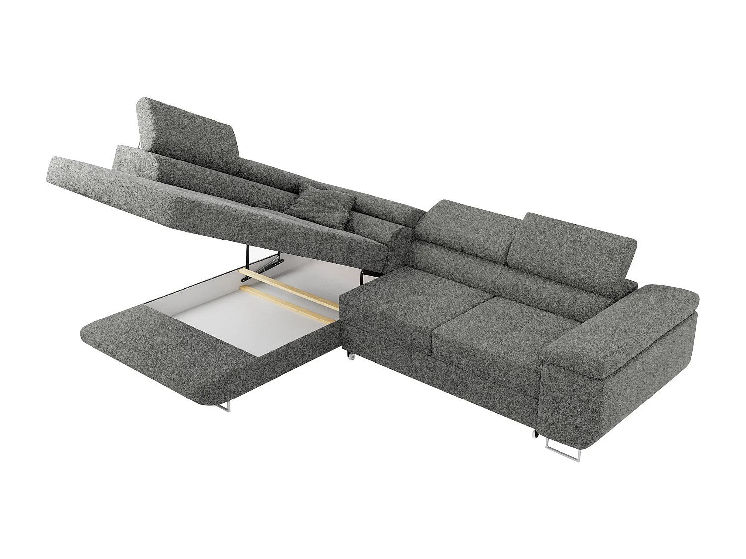 Ecksofa GUSTAW - mit Schlaffunktion, verstellbare Kopfstützen, Metallbeine - Grau Boucle - Ecke Links