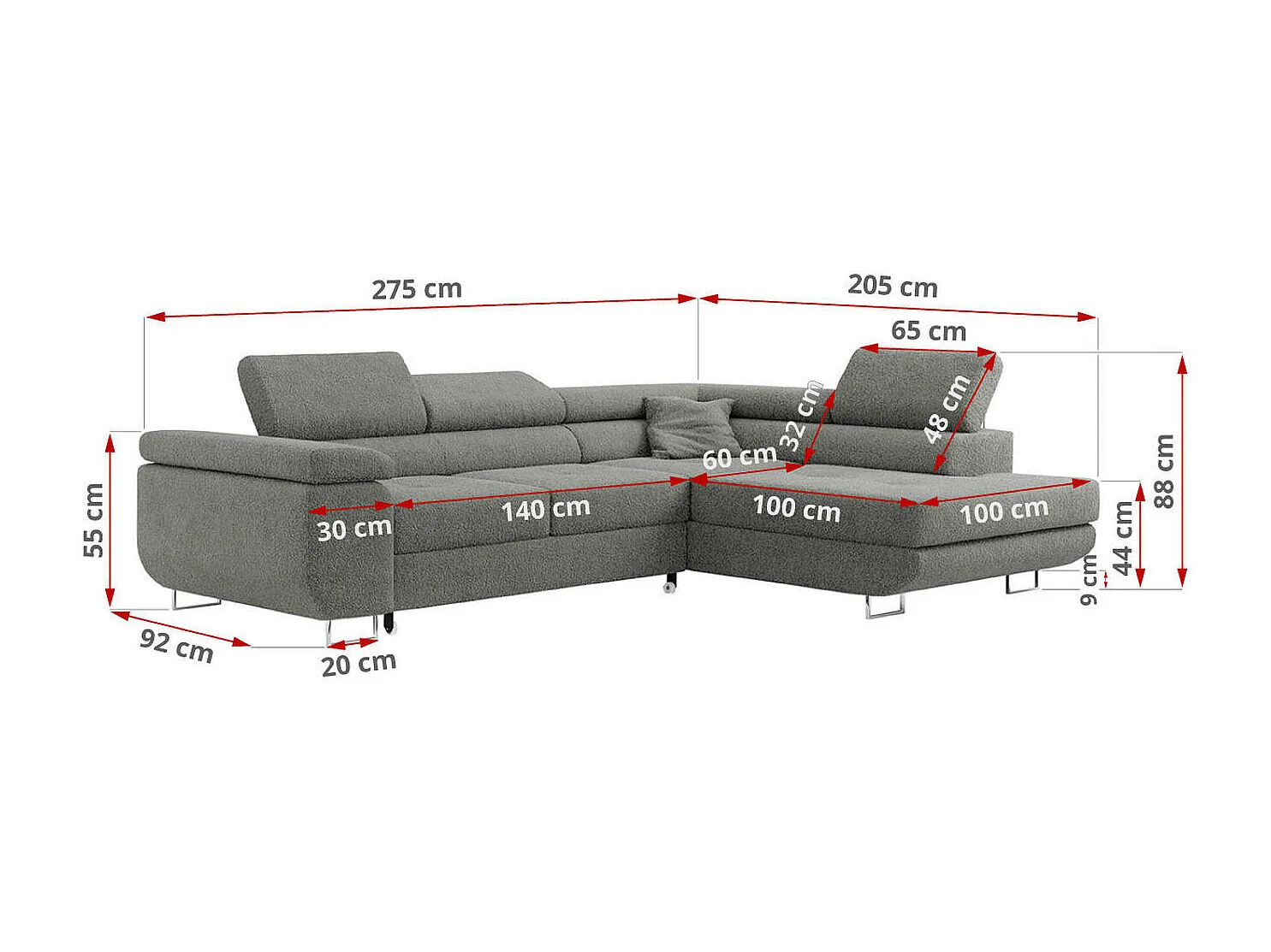 Ecksofa GUSTAW - mit Schlaffunktion, verstellbare Kopfstützen, Metallbeine - Grau Boucle - Ecke Links