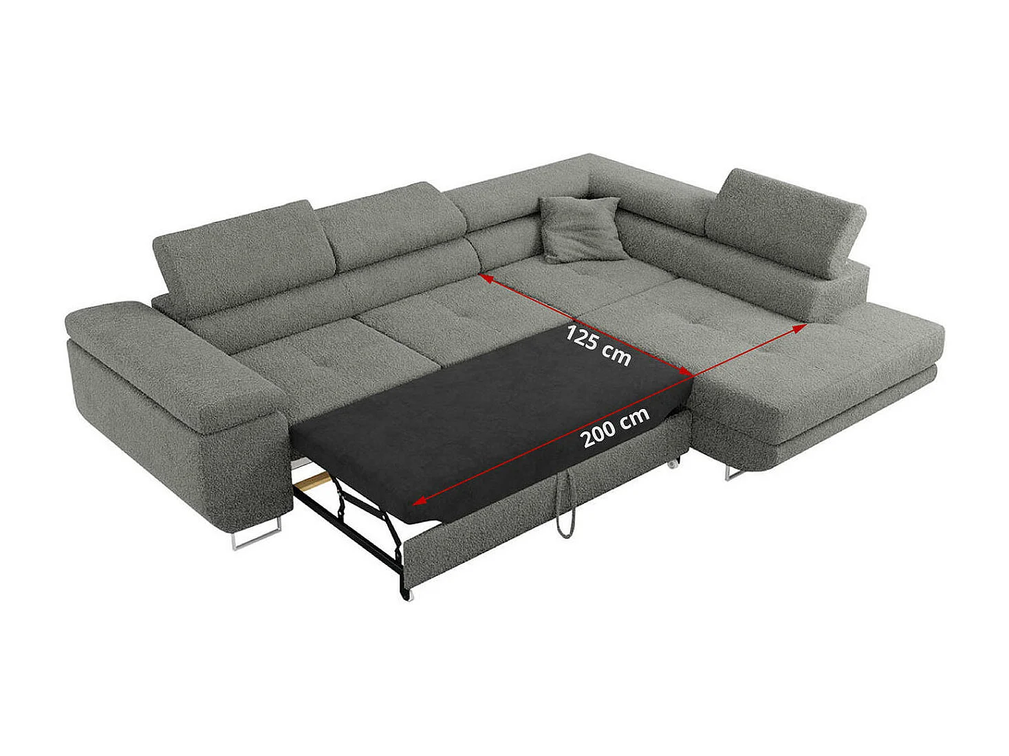 Ecksofa GUSTAW - mit Schlaffunktion, verstellbare Kopfstützen, Metallbeine - Grau Boucle - Ecke Links