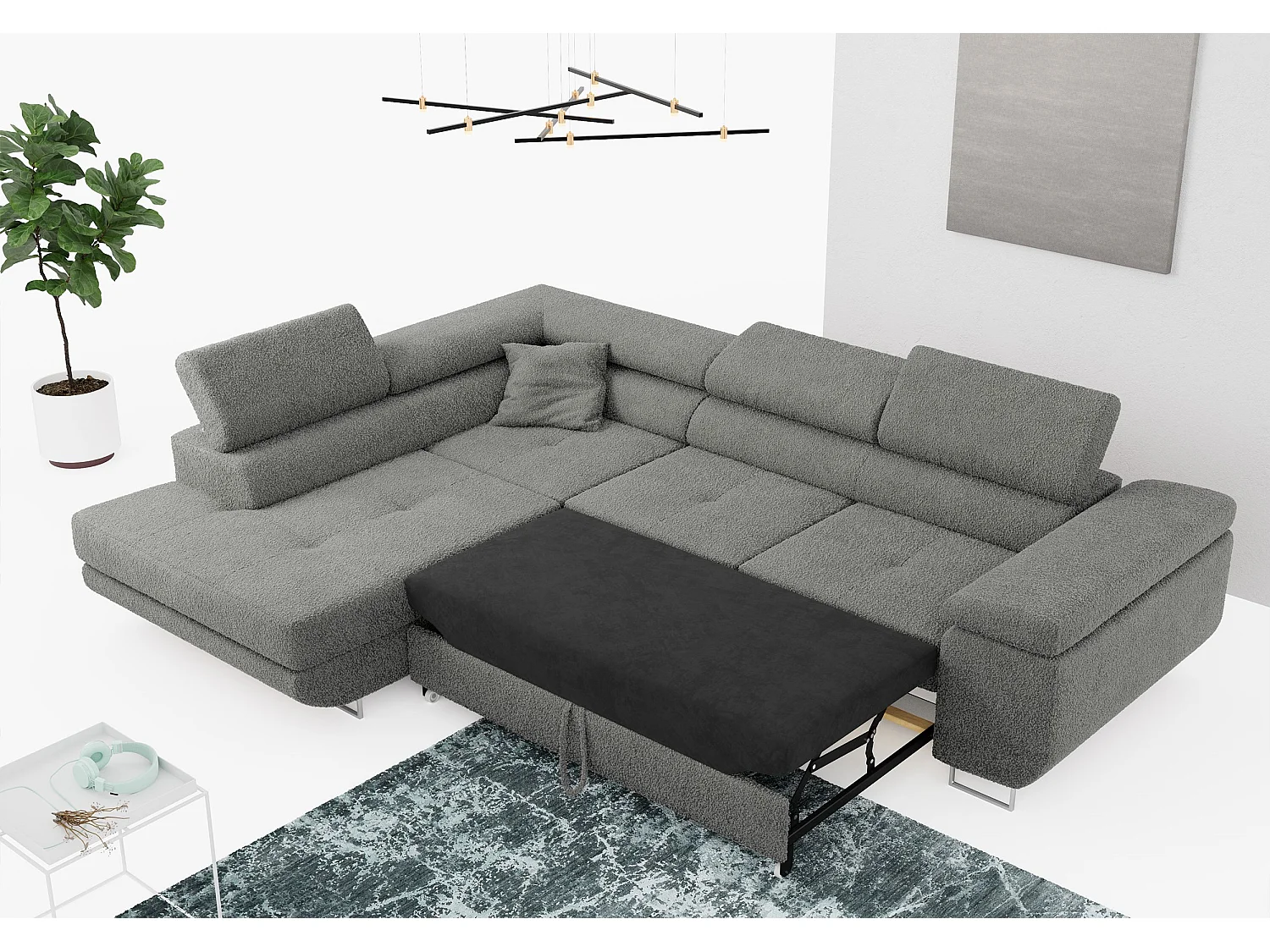 Ecksofa GUSTAW - mit Schlaffunktion, verstellbare Kopfstützen, Metallbeine - Grau Boucle - Ecke Links