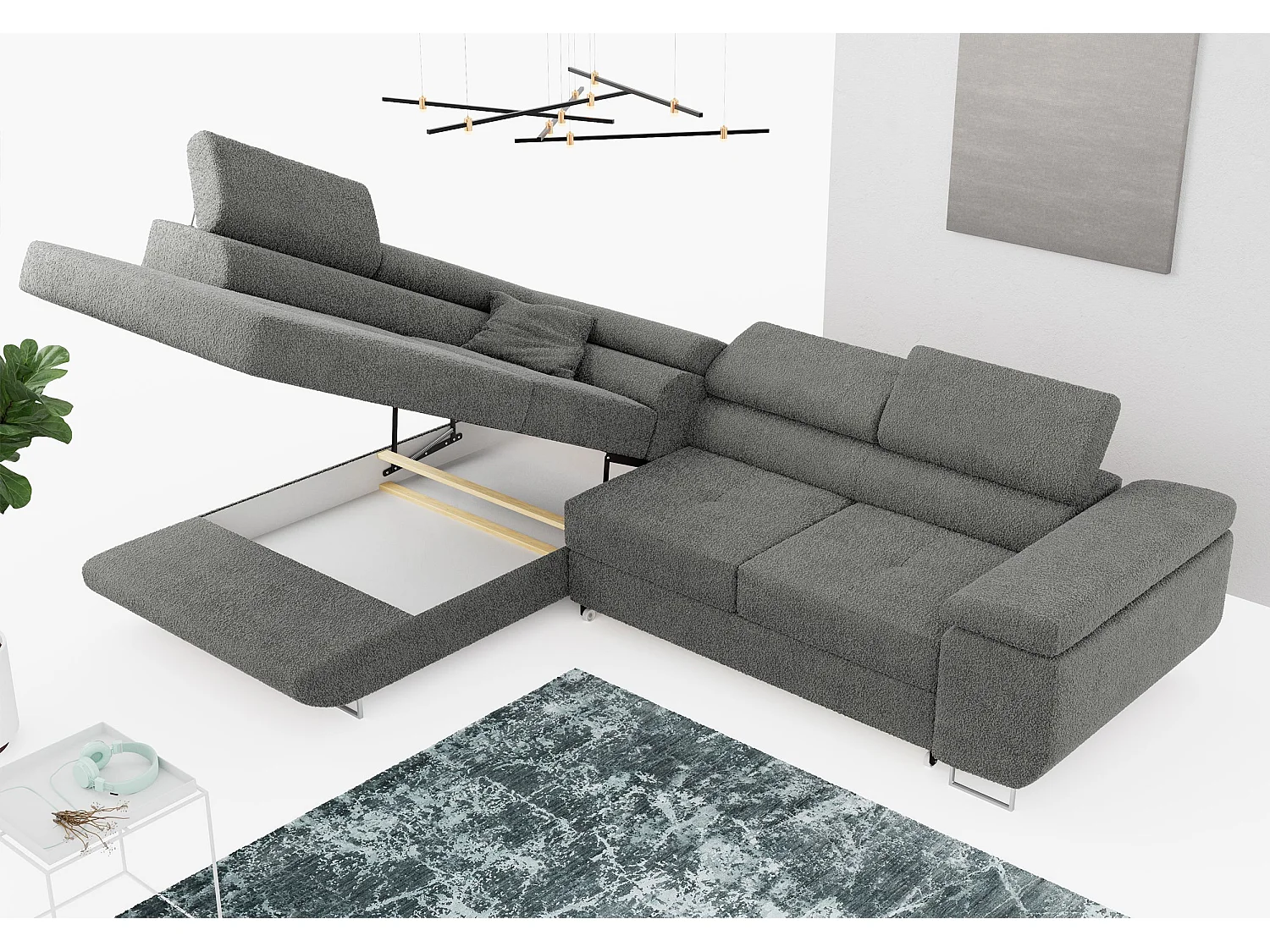 Ecksofa GUSTAW - mit Schlaffunktion, verstellbare Kopfstützen, Metallbeine - Grau Boucle - Ecke Links