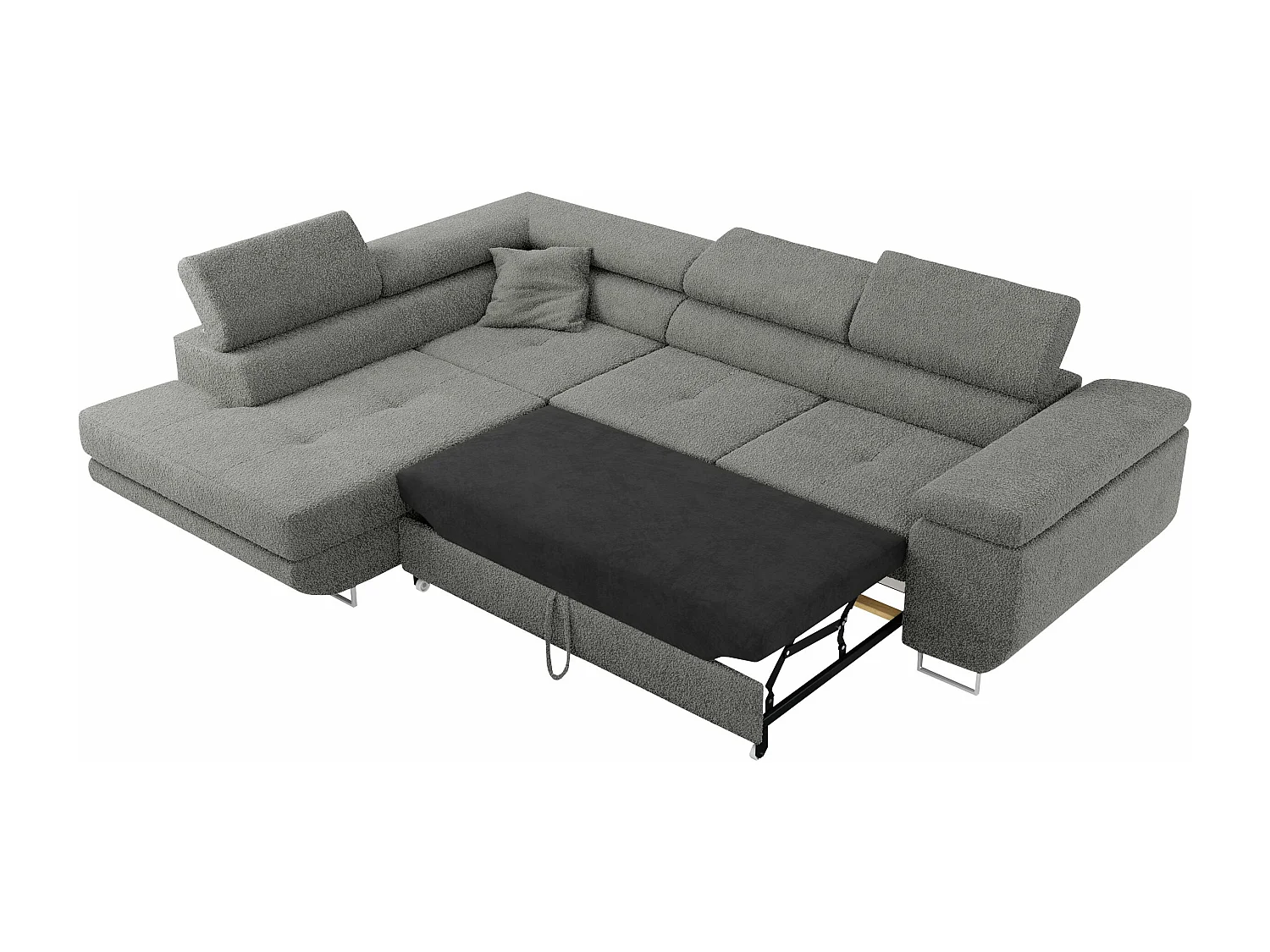 Ecksofa GUSTAW - mit Schlaffunktion, verstellbare Kopfstützen, Metallbeine - Grau Boucle - Ecke Links