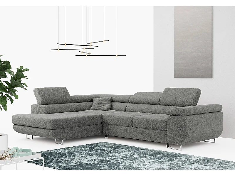 Ecksofa GUSTAW - mit Schlaffunktion, verstellbare Kopfstützen, Metallbeine - Grau Boucle - Ecke Links