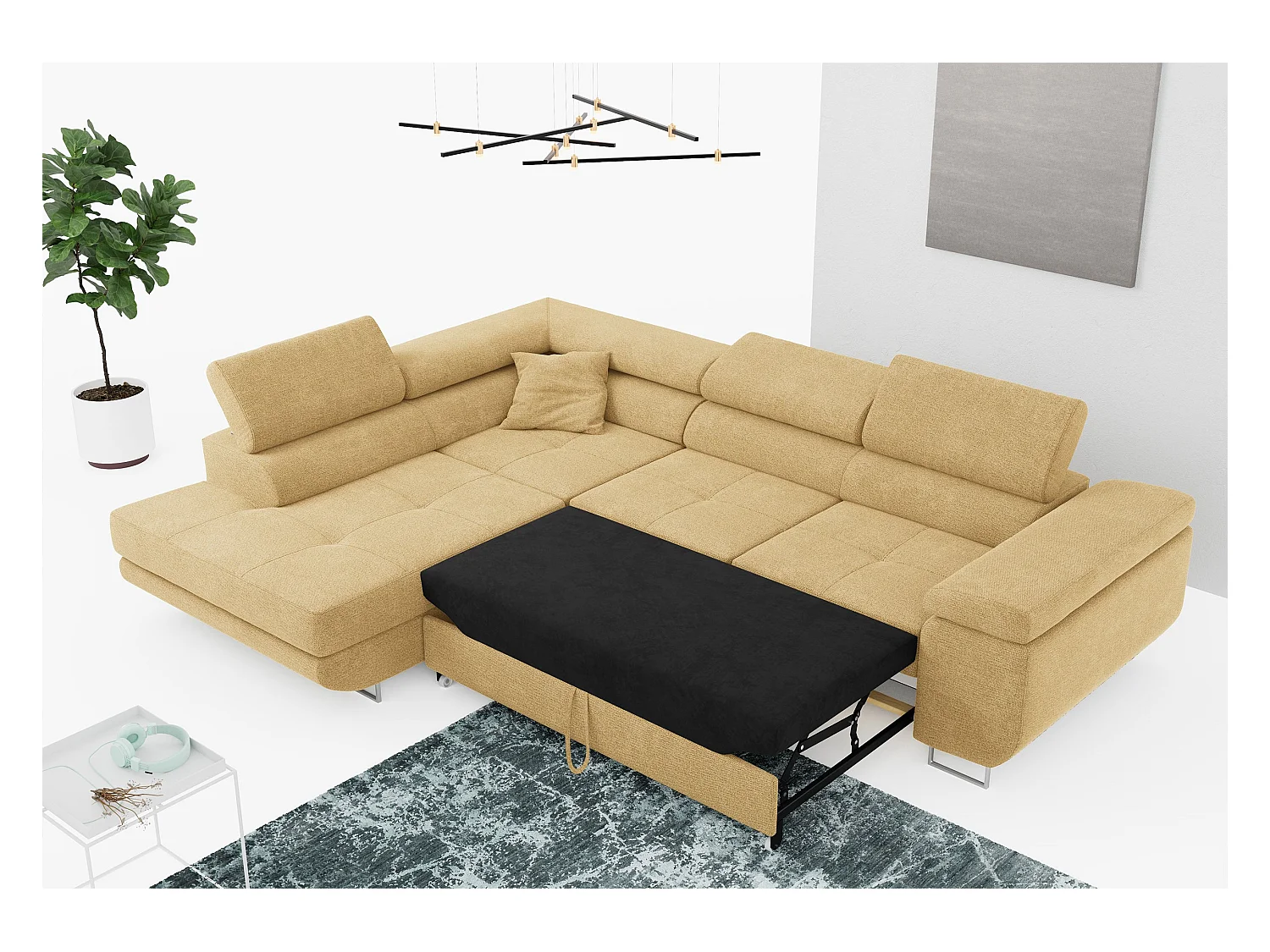 Ecksofa GUSTAW - mit Schlaffunktion, verstellbare Kopfstützen, Metallbeine - Gelb Stukture - Ecke Links