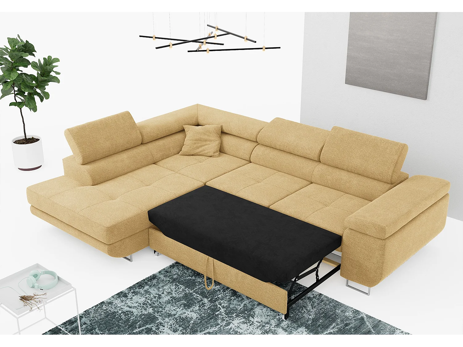 Ecksofa GUSTAW - mit Schlaffunktion, verstellbare Kopfstützen, Metallbeine - Gelb Stukture - Ecke Links