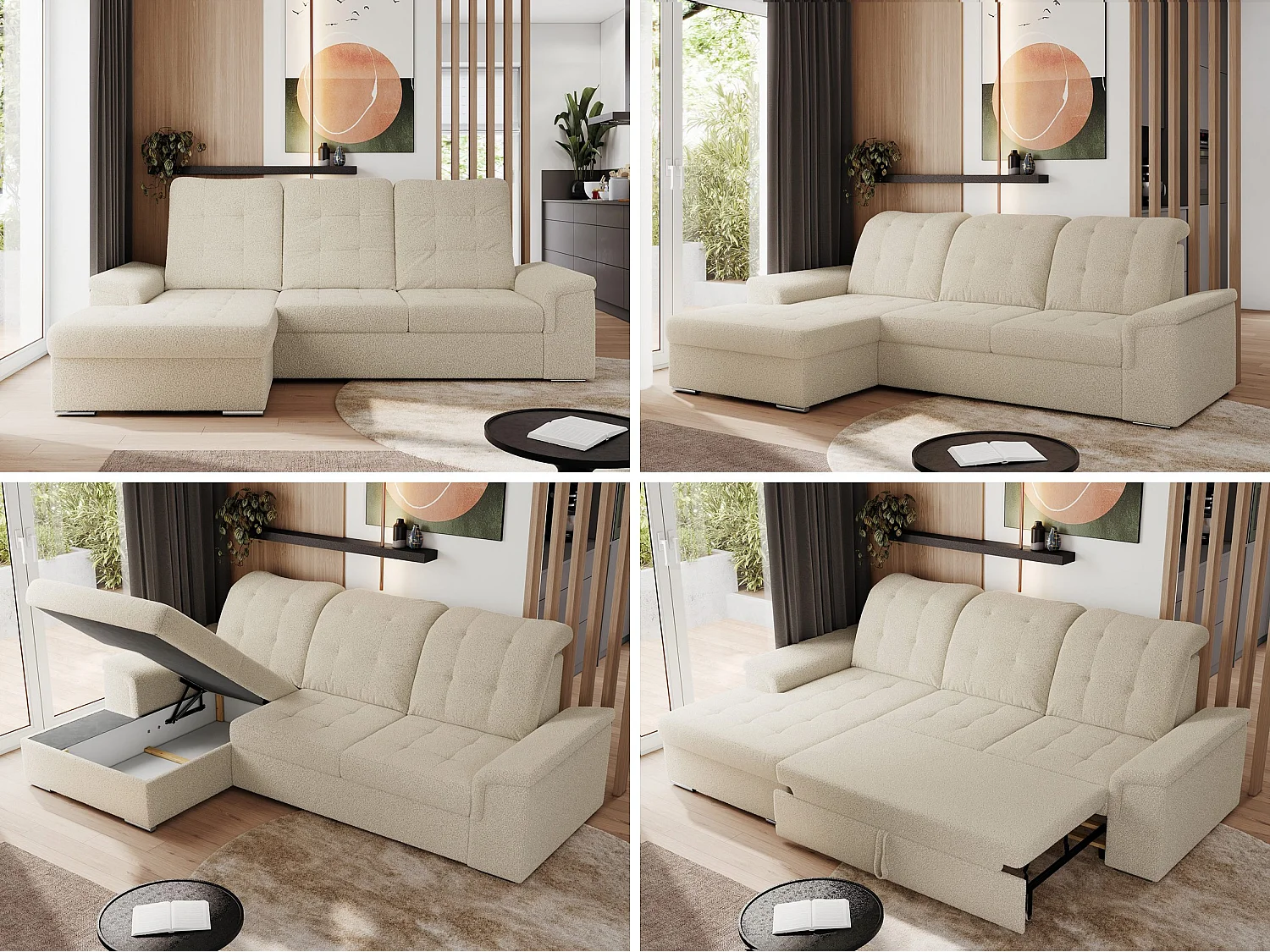 Ecksofa MADRITO - mit verstellbarer Rückenlehne, Armlehnen, gestepptem Sitz und Rückenlehne, Schlaffunktion - Beige Boucle - Ecke Links