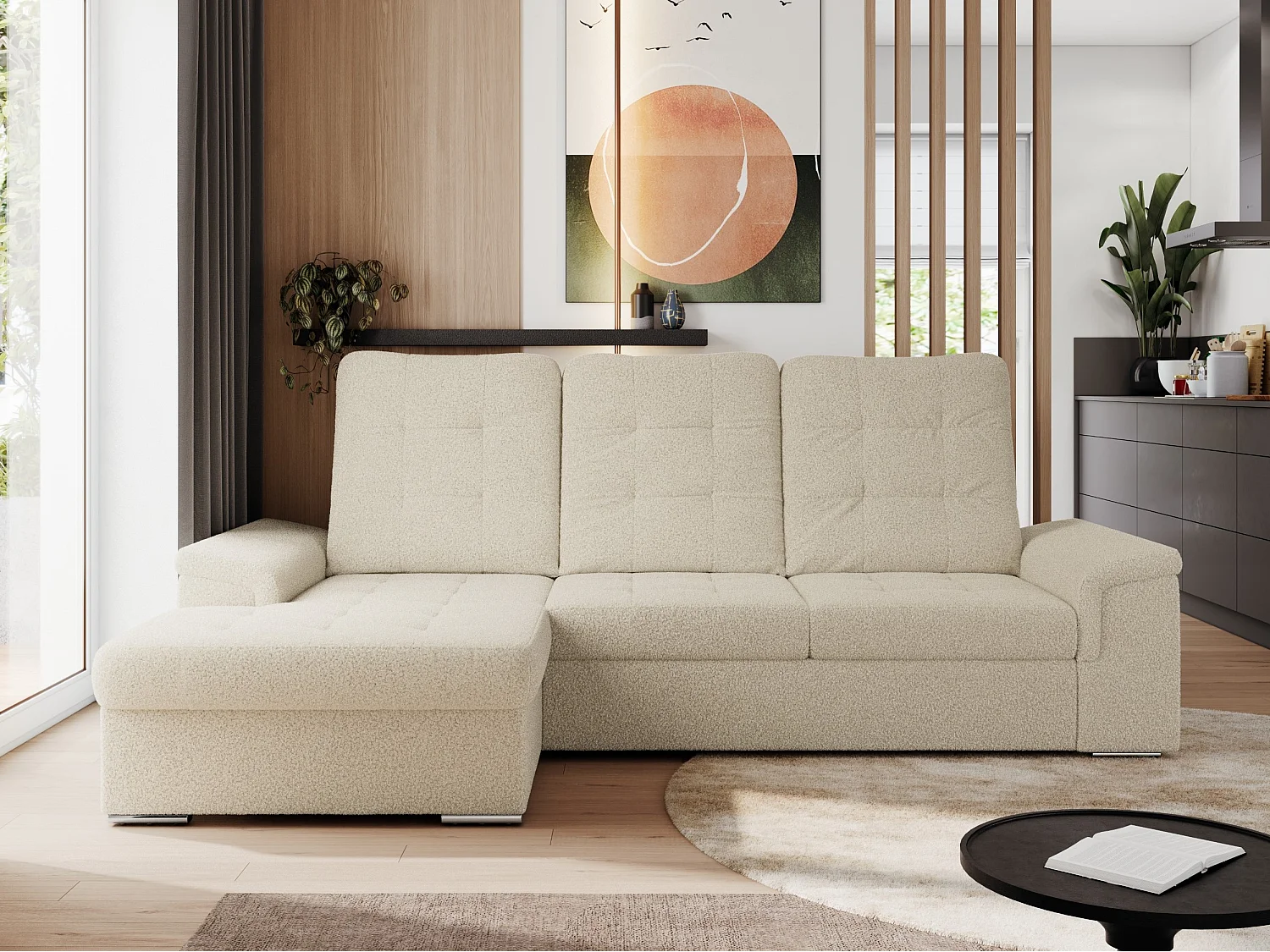 Ecksofa MADRITO - mit verstellbarer Rückenlehne, Armlehnen, gestepptem Sitz und Rückenlehne, Schlaffunktion - Beige Boucle - Ecke Links