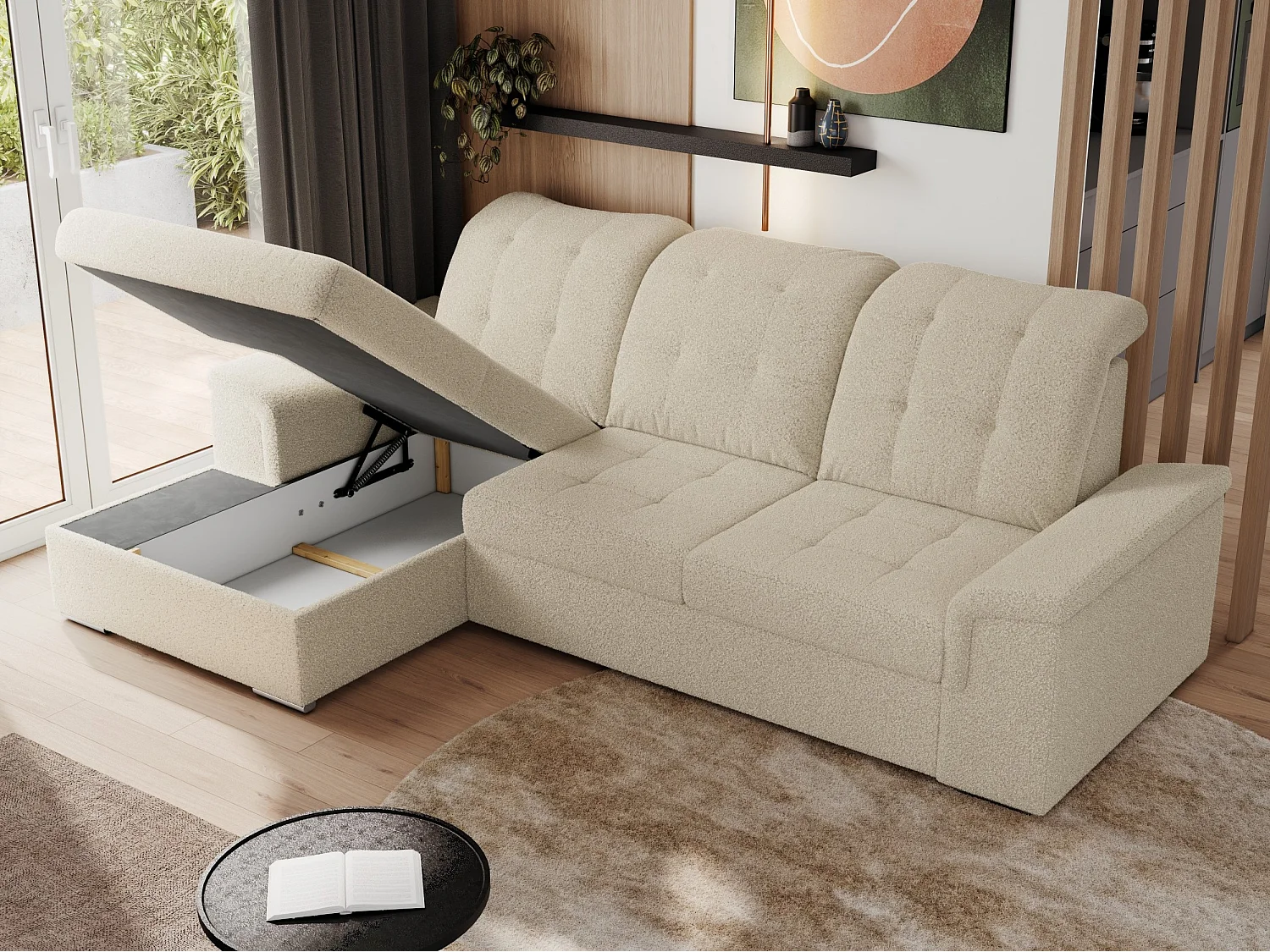 Ecksofa MADRITO - mit verstellbarer Rückenlehne, Armlehnen, gestepptem Sitz und Rückenlehne, Schlaffunktion - Beige Boucle - Ecke Links