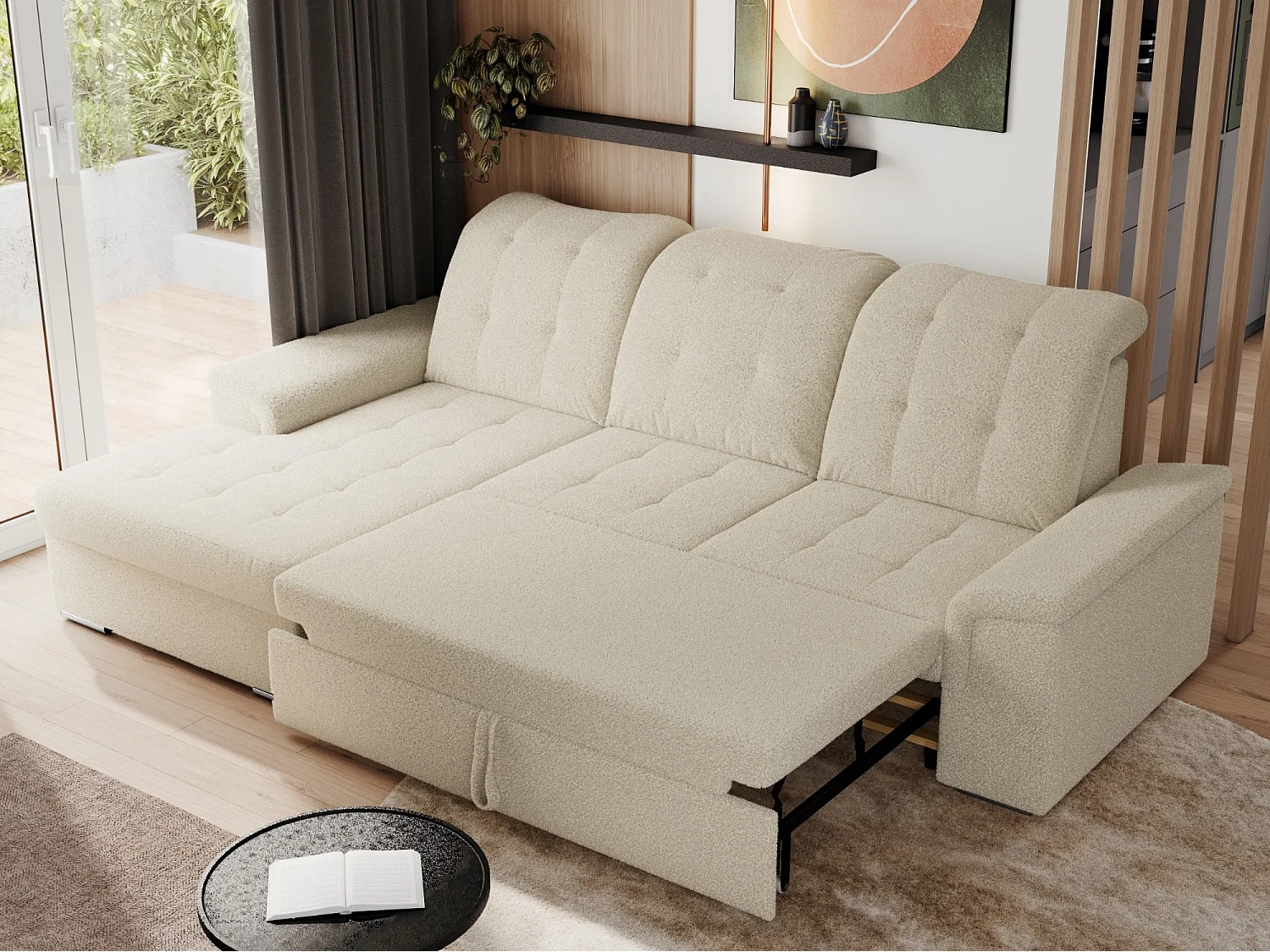 Ecksofa MADRITO - mit verstellbarer Rückenlehne, Armlehnen, gestepptem Sitz und Rückenlehne, Schlaffunktion - Beige Boucle - Ecke Links