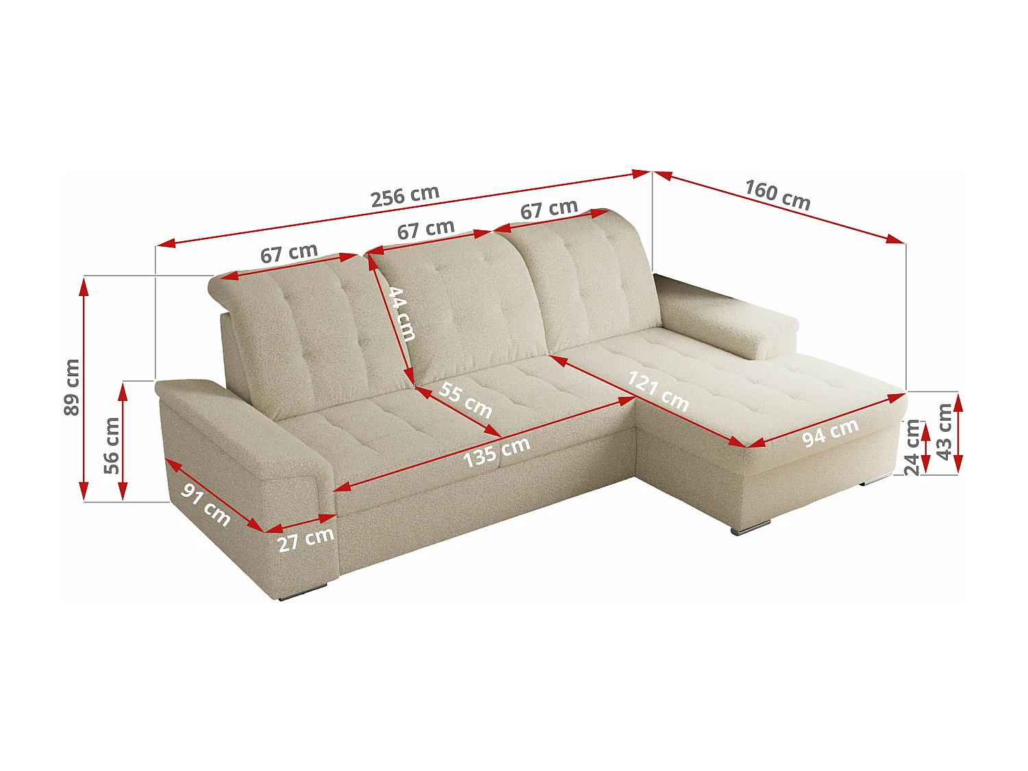 Ecksofa MADRITO - mit verstellbarer Rückenlehne, Armlehnen, gestepptem Sitz und Rückenlehne, Schlaffunktion - Beige Boucle - Ecke Links