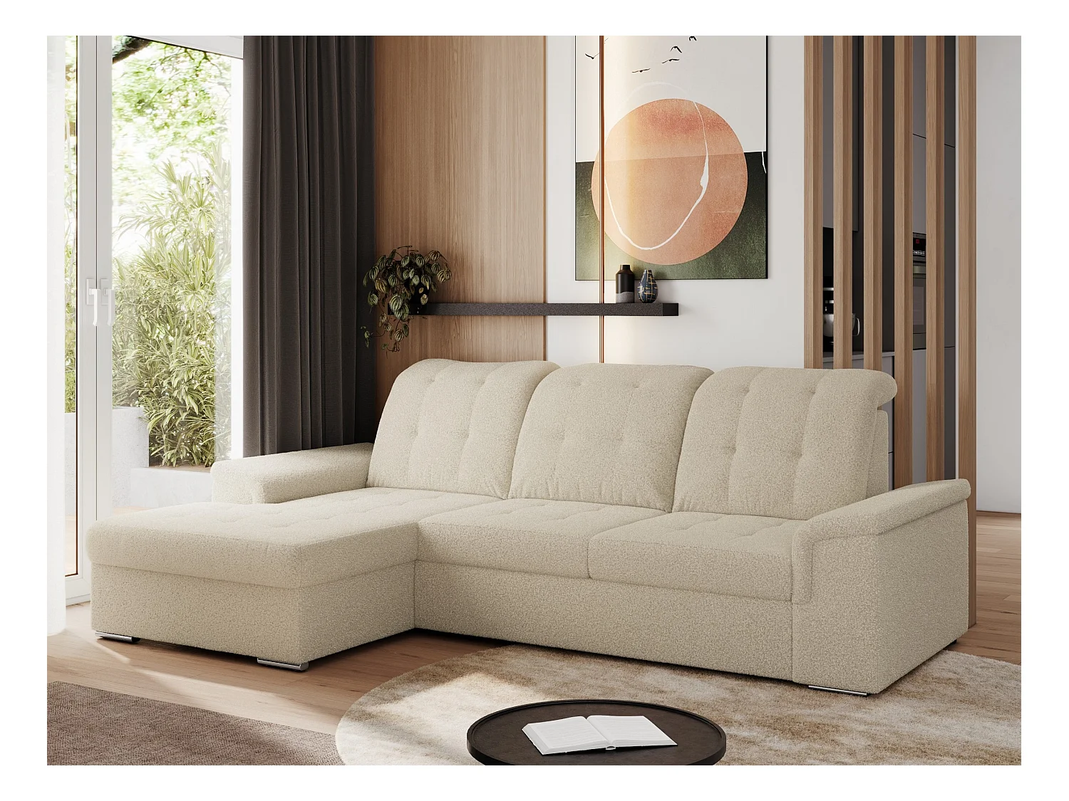 Ecksofa MADRITO - mit verstellbarer Rückenlehne, Armlehnen, gestepptem Sitz und Rückenlehne, Schlaffunktion - Beige Boucle - Ecke Links