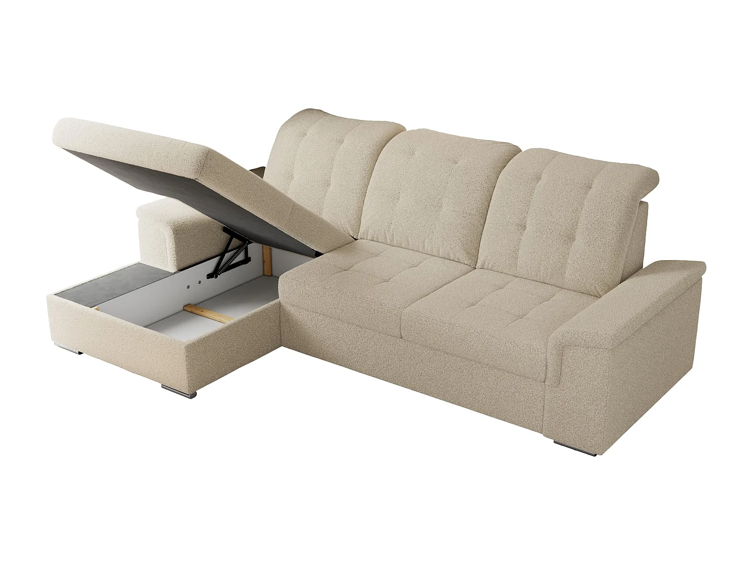 Ecksofa MADRITO - mit verstellbarer Rückenlehne, Armlehnen, gestepptem Sitz und Rückenlehne, Schlaffunktion - Beige Boucle - Ecke Links
