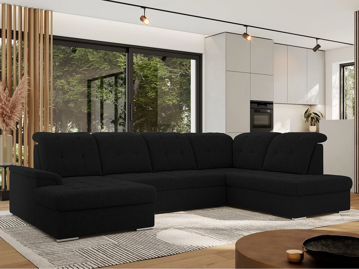 Ecksofa MADRITO U - mit verstellbarer Rückenlehne, Armlehne, L-förmige Ecke, Bettkasten - Schwarz Boucle - Ecke Rechts