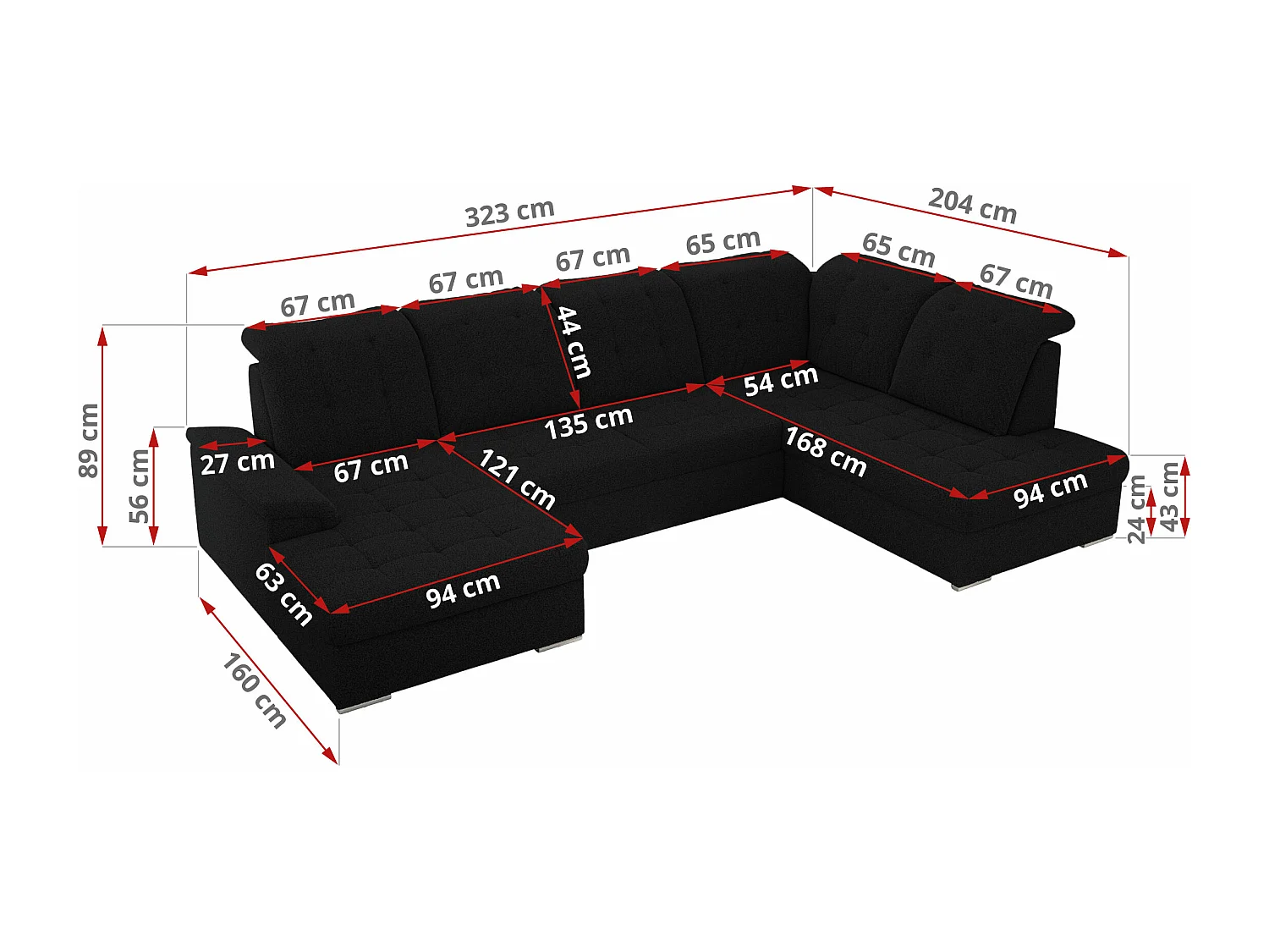 Ecksofa MADRITO U - mit verstellbarer Rückenlehne, Armlehne, L-förmige Ecke, Bettkasten - Schwarz Boucle - Ecke Rechts