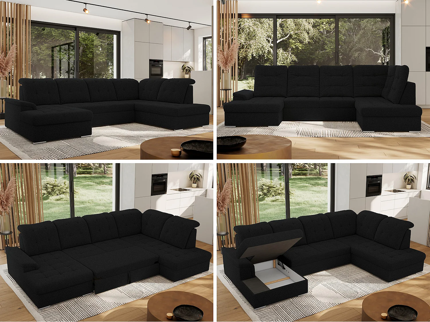 Ecksofa MADRITO U - mit verstellbarer Rückenlehne, Armlehne, L-förmige Ecke, Bettkasten - Schwarz Boucle - Ecke Rechts