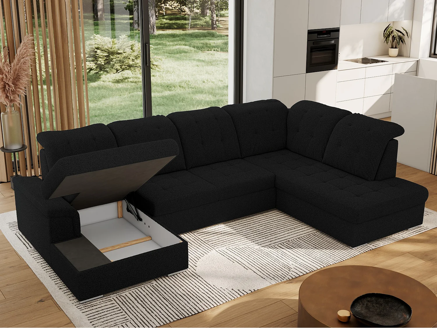 Ecksofa MADRITO U - mit verstellbarer Rückenlehne, Armlehne, L-förmige Ecke, Bettkasten - Schwarz Boucle - Ecke Rechts