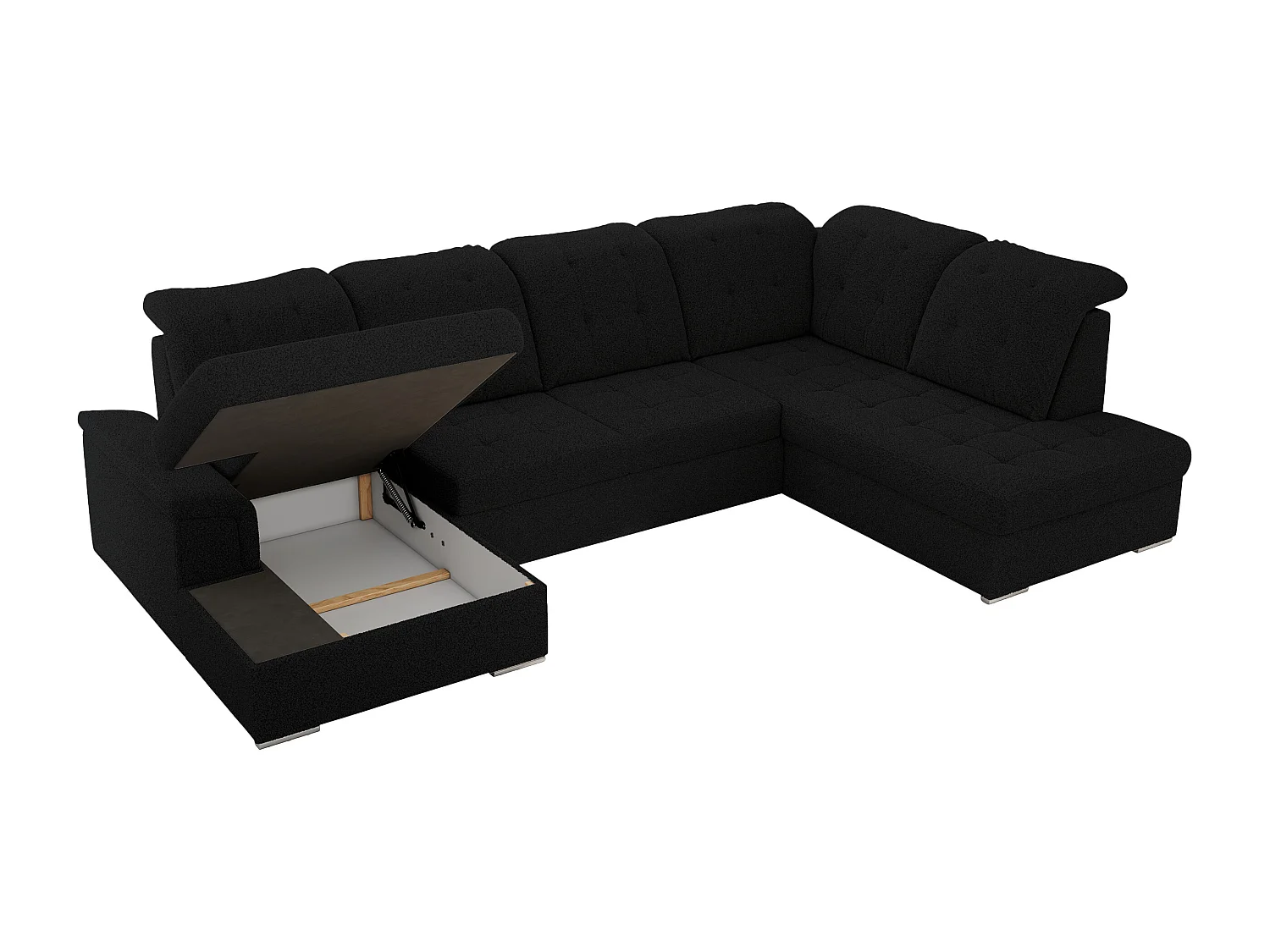 Ecksofa MADRITO U - mit verstellbarer Rückenlehne, Armlehne, L-förmige Ecke, Bettkasten - Schwarz Boucle - Ecke Rechts