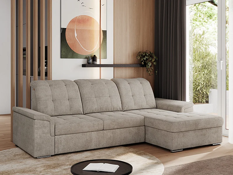 Ecksofa MADRITO - mit verstellbarer Rückenlehne, Armlehnen, gestepptem Sitz und Rückenlehne, Schlaffunktion - Beige Struktur - Ecke Rechts