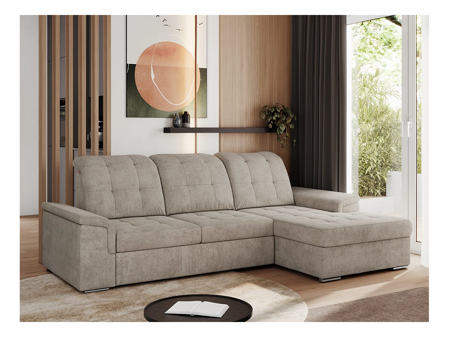 Ecksofa MADRITO - mit verstellbarer Rückenlehne, Armlehnen, gestepptem Sitz und Rückenlehne, Schlaffunktion - Beige Struktur - Ecke Rechts