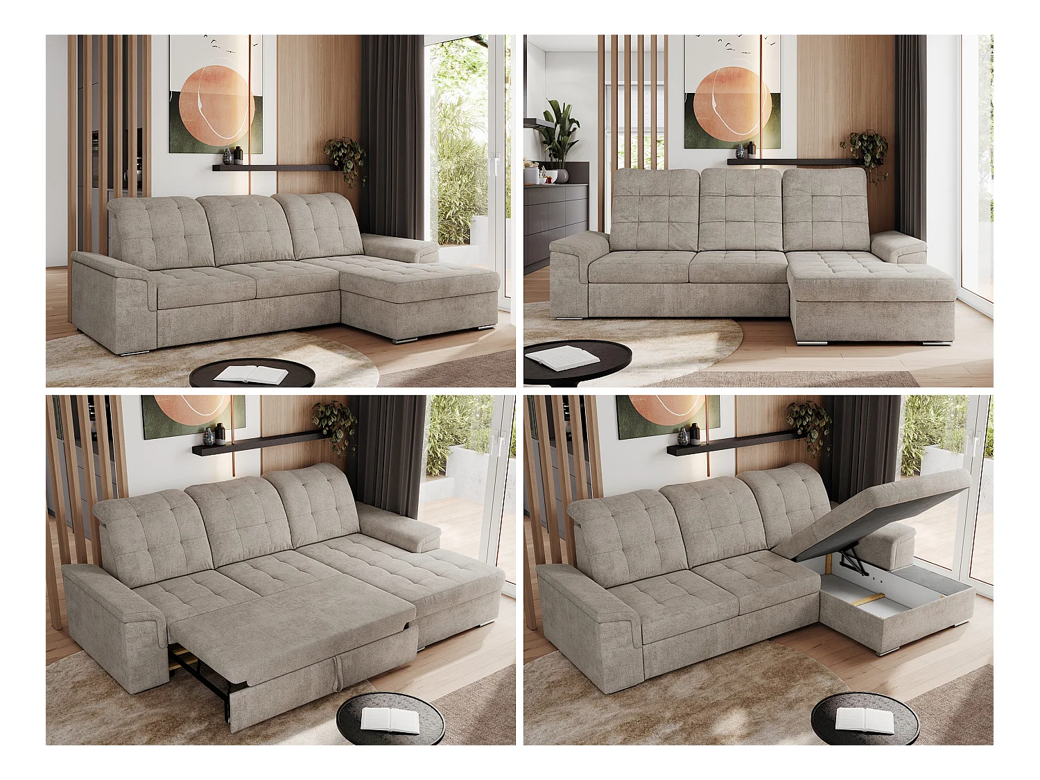 Ecksofa MADRITO - mit verstellbarer Rückenlehne, Armlehnen, gestepptem Sitz und Rückenlehne, Schlaffunktion - Beige Struktur - Ecke Rechts