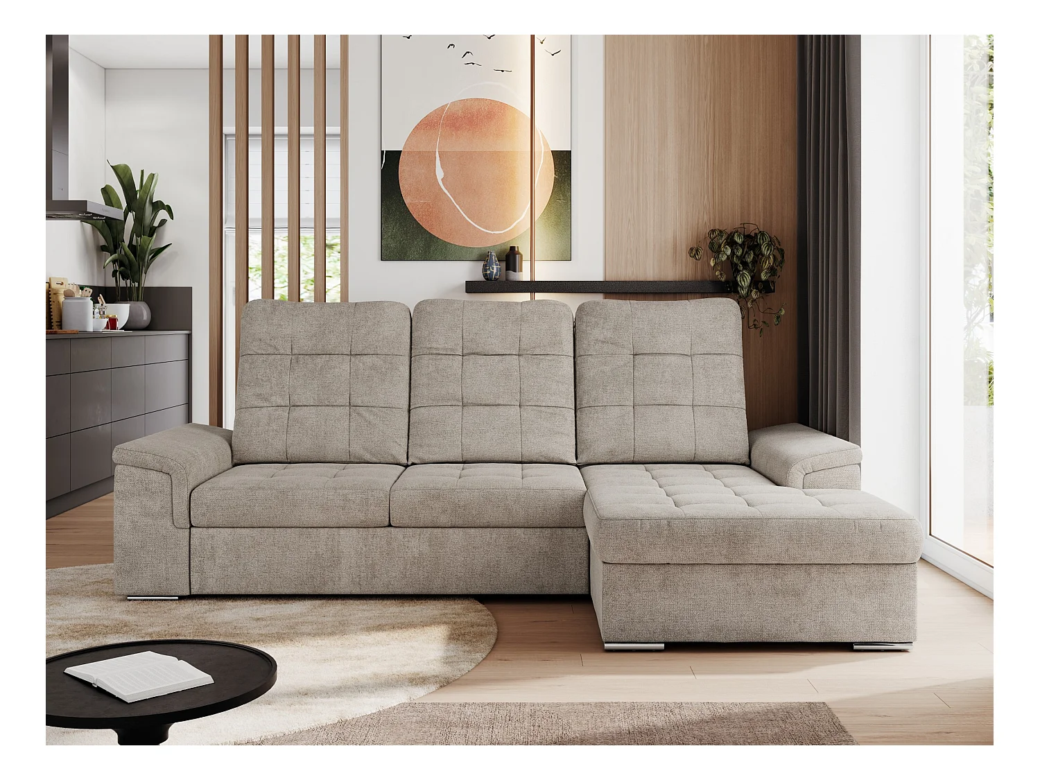 Ecksofa MADRITO - mit verstellbarer Rückenlehne, Armlehnen, gestepptem Sitz und Rückenlehne, Schlaffunktion - Beige Struktur - Ecke Rechts