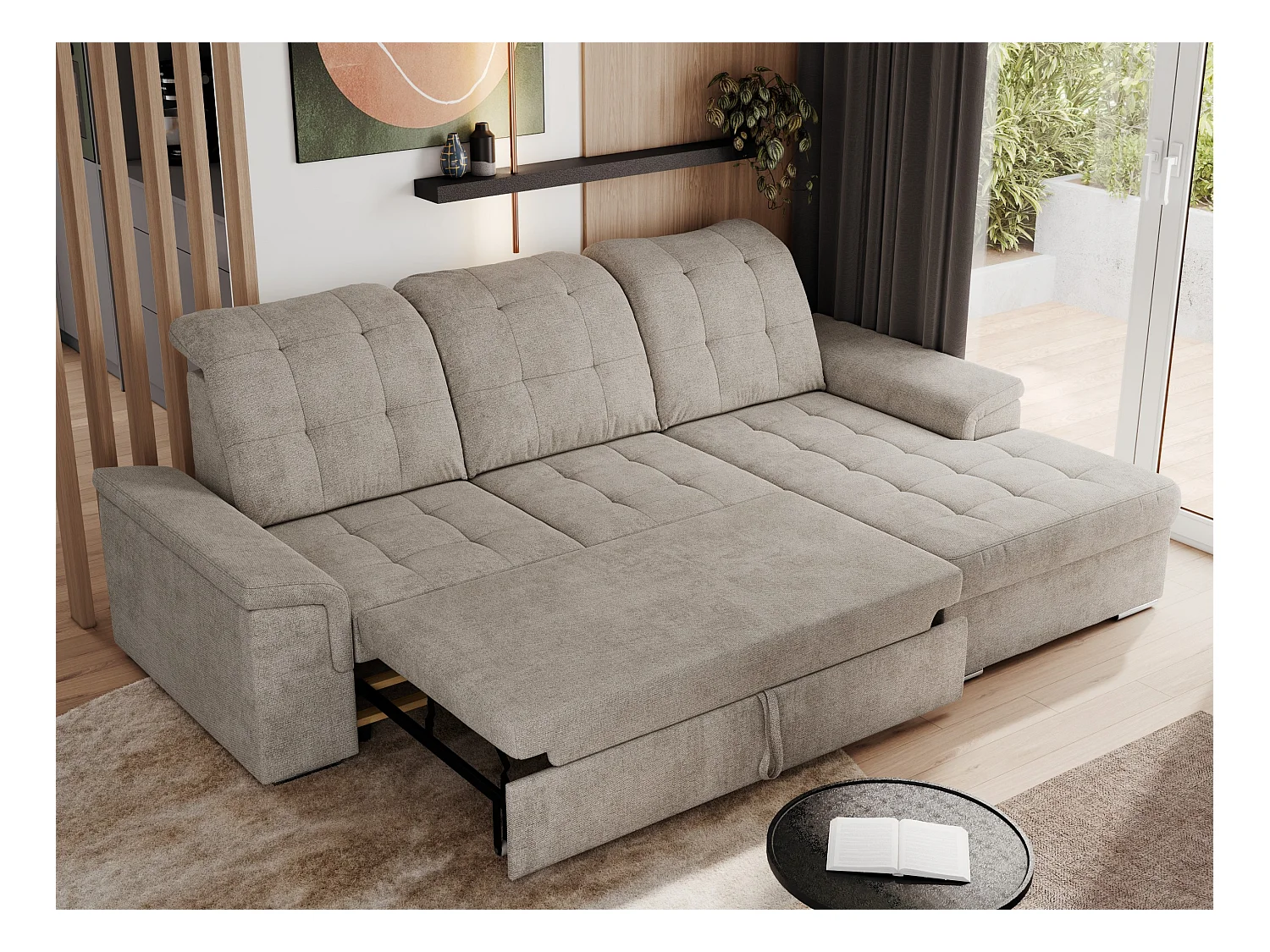 Ecksofa MADRITO - mit verstellbarer Rückenlehne, Armlehnen, gestepptem Sitz und Rückenlehne, Schlaffunktion - Beige Struktur - Ecke Rechts