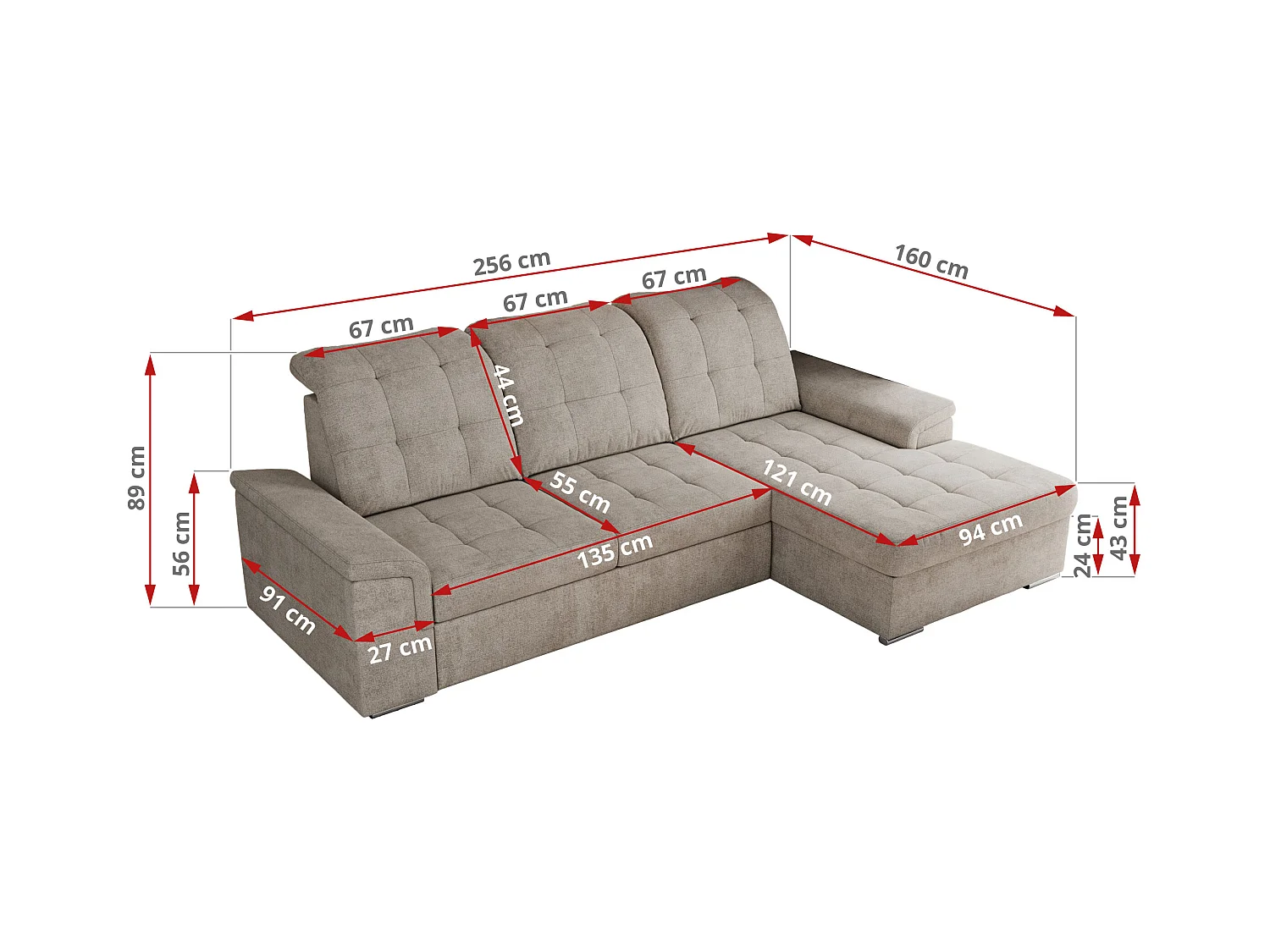 Ecksofa MADRITO - mit verstellbarer Rückenlehne, Armlehnen, gestepptem Sitz und Rückenlehne, Schlaffunktion - Beige Struktur - Ecke Rechts