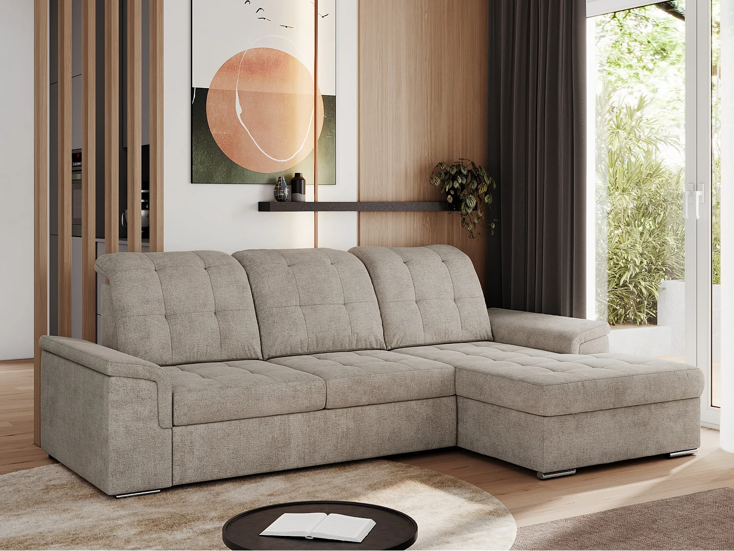 Ecksofa MADRITO - mit verstellbarer Rückenlehne, Armlehnen, gestepptem Sitz und Rückenlehne, Schlaffunktion - Beige Struktur - Ecke Rechts