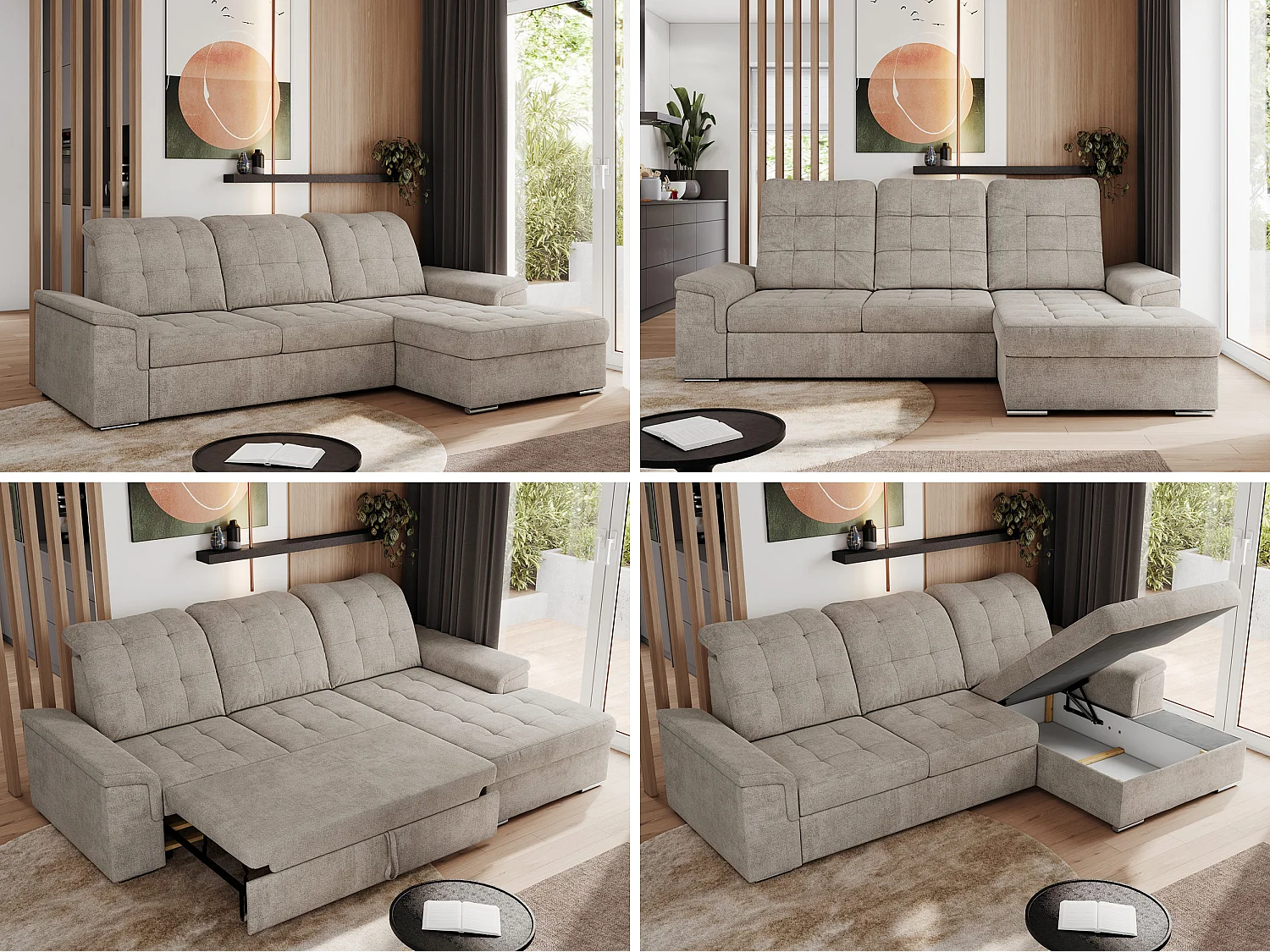 Ecksofa MADRITO - mit verstellbarer Rückenlehne, Armlehnen, gestepptem Sitz und Rückenlehne, Schlaffunktion - Beige Struktur - Ecke Rechts