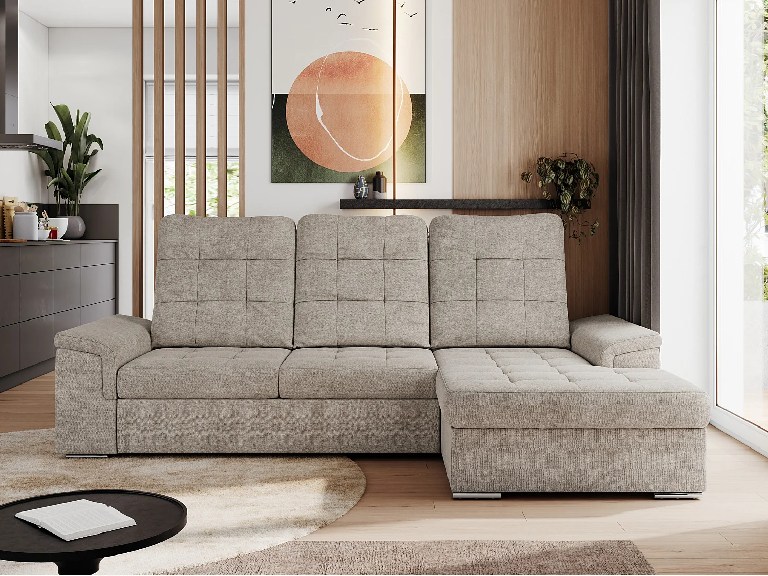 Ecksofa MADRITO - mit verstellbarer Rückenlehne, Armlehnen, gestepptem Sitz und Rückenlehne, Schlaffunktion - Beige Struktur - Ecke Rechts