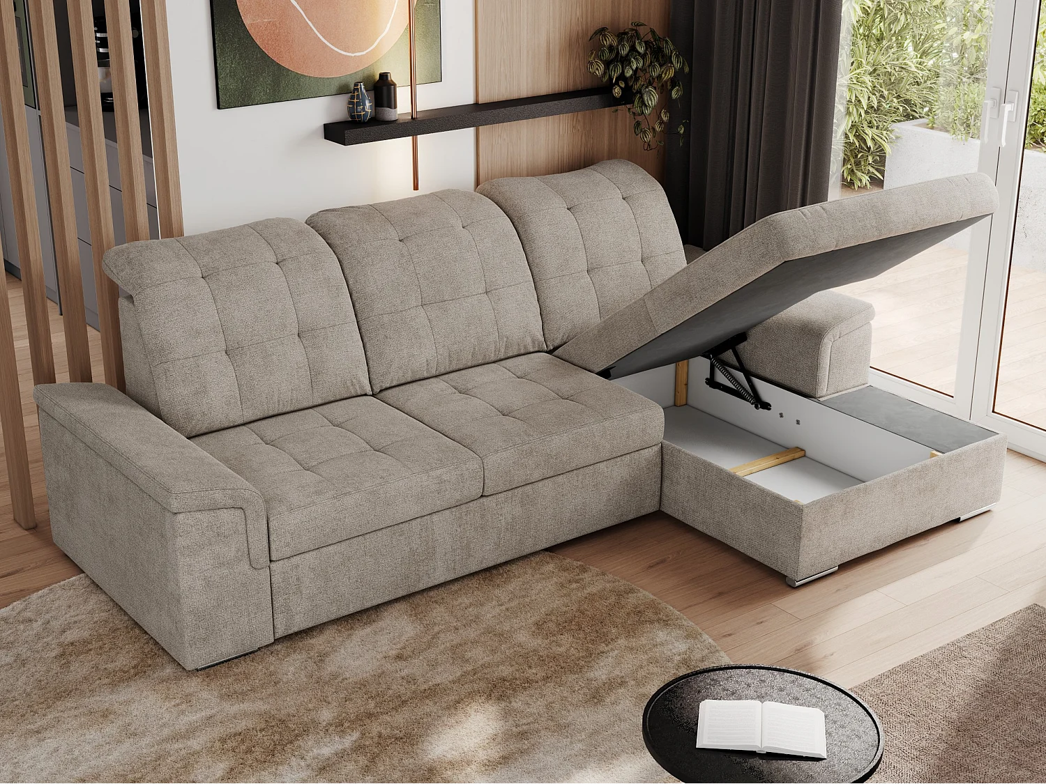 Ecksofa MADRITO - mit verstellbarer Rückenlehne, Armlehnen, gestepptem Sitz und Rückenlehne, Schlaffunktion - Beige Struktur - Ecke Rechts