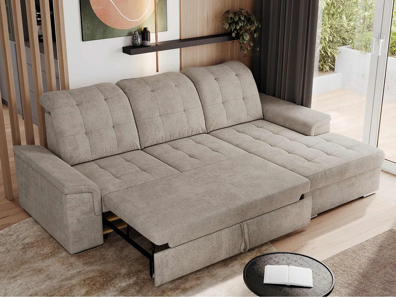 Ecksofa MADRITO - mit verstellbarer Rückenlehne, Armlehnen, gestepptem Sitz und Rückenlehne, Schlaffunktion - Beige Struktur - Ecke Rechts