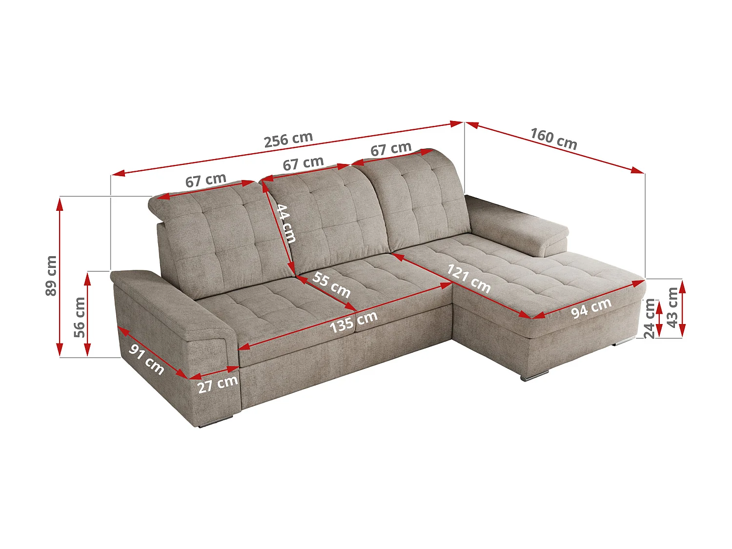 Ecksofa MADRITO - mit verstellbarer Rückenlehne, Armlehnen, gestepptem Sitz und Rückenlehne, Schlaffunktion - Beige Struktur - Ecke Rechts
