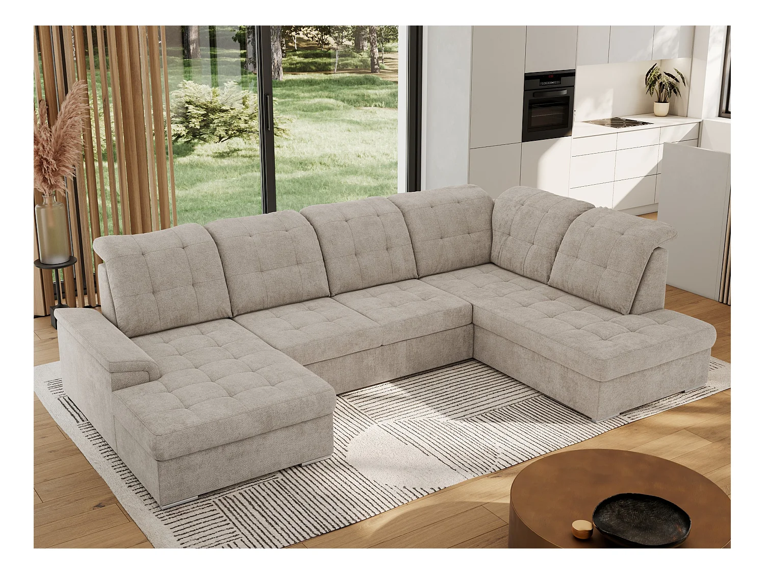 Ecksofa MADRITO U - mit verstellbarer Rückenlehne, Armlehne, L-förmige Ecke, Bettkasten - Beige Struktur - Ecke Rechts