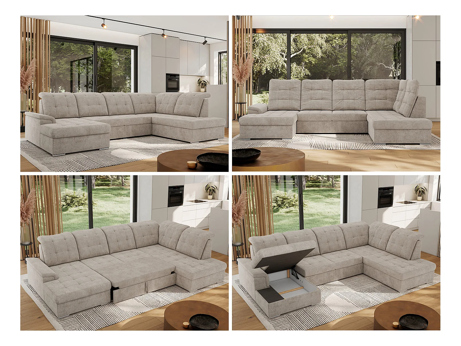 Ecksofa MADRITO U - mit verstellbarer Rückenlehne, Armlehne, L-förmige Ecke, Bettkasten - Beige Struktur - Ecke Rechts