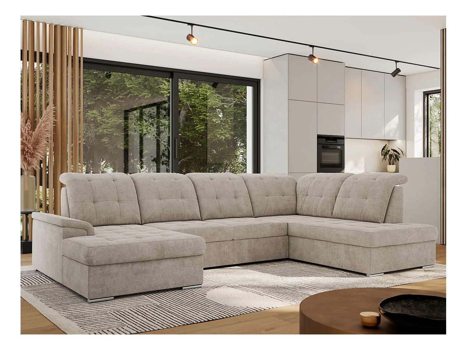 Ecksofa MADRITO U - mit verstellbarer Rückenlehne, Armlehne, L-förmige Ecke, Bettkasten - Beige Struktur - Ecke Rechts