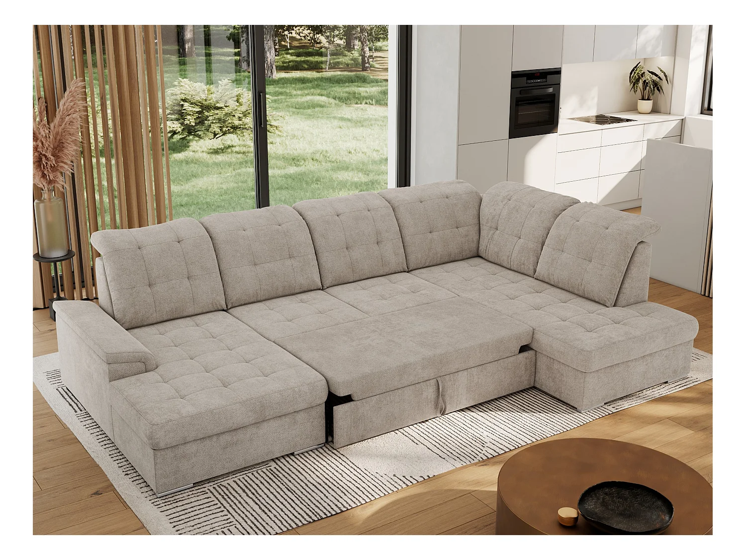 Ecksofa MADRITO U - mit verstellbarer Rückenlehne, Armlehne, L-förmige Ecke, Bettkasten - Beige Struktur - Ecke Rechts