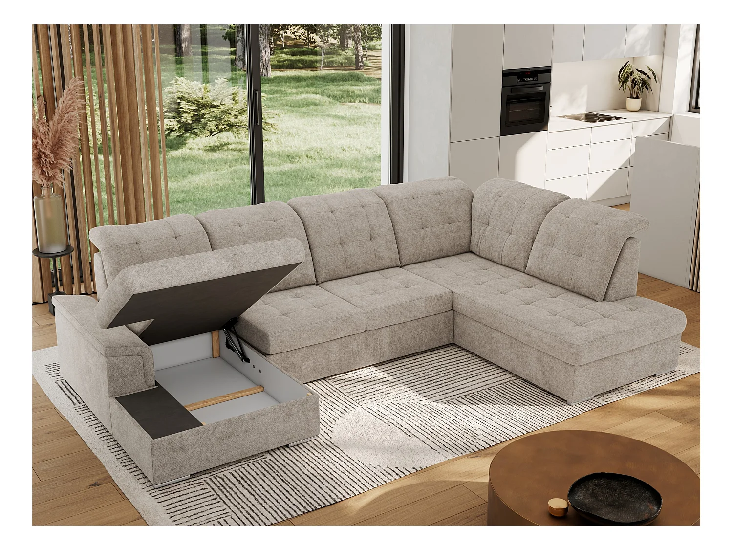 Ecksofa MADRITO U - mit verstellbarer Rückenlehne, Armlehne, L-förmige Ecke, Bettkasten - Beige Struktur - Ecke Rechts