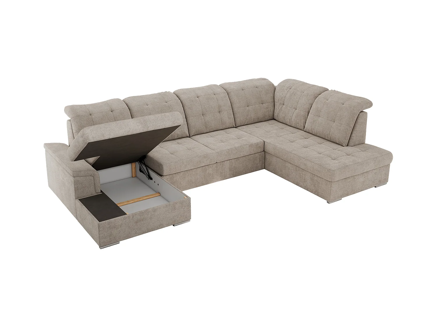 Ecksofa MADRITO U - mit verstellbarer Rückenlehne, Armlehne, L-förmige Ecke, Bettkasten - Beige Struktur - Ecke Rechts