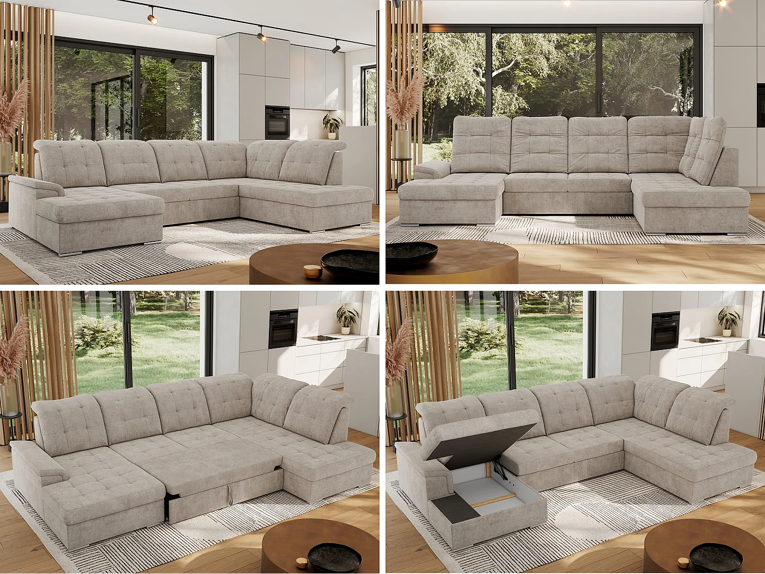 Ecksofa MADRITO U - mit verstellbarer Rückenlehne, Armlehne, L-förmige Ecke, Bettkasten - Beige Struktur - Ecke Rechts