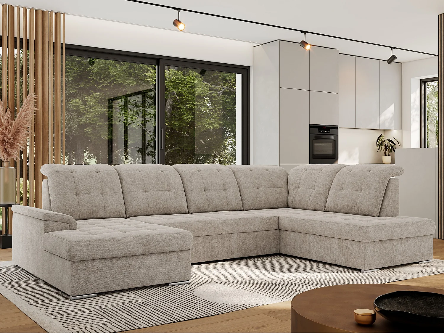 Ecksofa MADRITO U - mit verstellbarer Rückenlehne, Armlehne, L-förmige Ecke, Bettkasten - Beige Struktur - Ecke Rechts