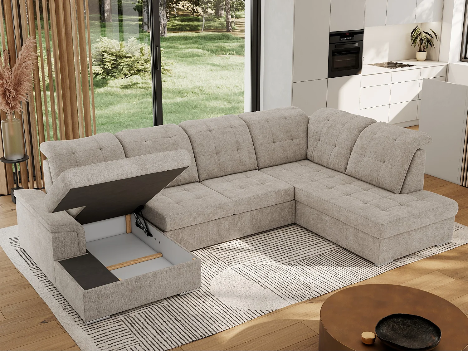 Ecksofa MADRITO U - mit verstellbarer Rückenlehne, Armlehne, L-förmige Ecke, Bettkasten - Beige Struktur - Ecke Rechts