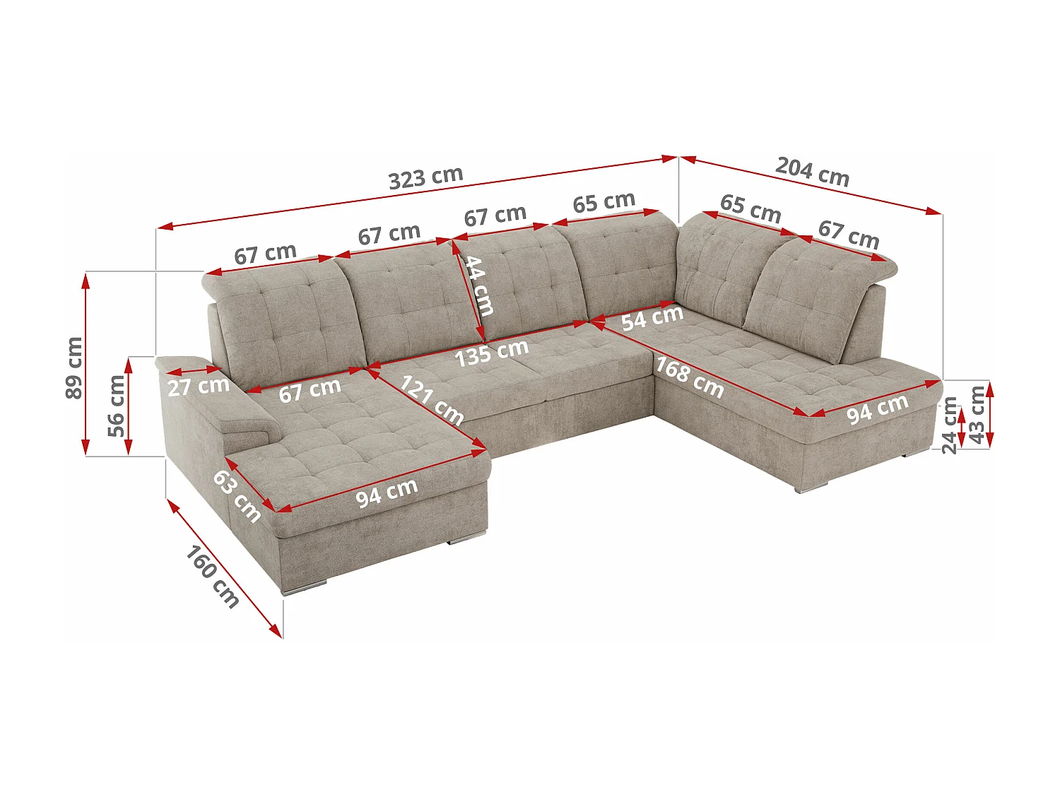 Ecksofa MADRITO U - mit verstellbarer Rückenlehne, Armlehne, L-förmige Ecke, Bettkasten - Beige Struktur - Ecke Rechts