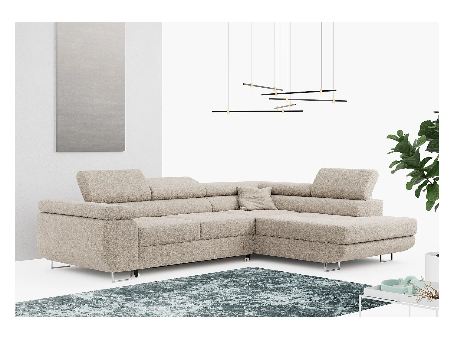 Ecksofa GUSTAW - mit Schlaffunktion, verstellbare Kopfstützen, Metallbeine - Creme Boucle - Ecke Rechts