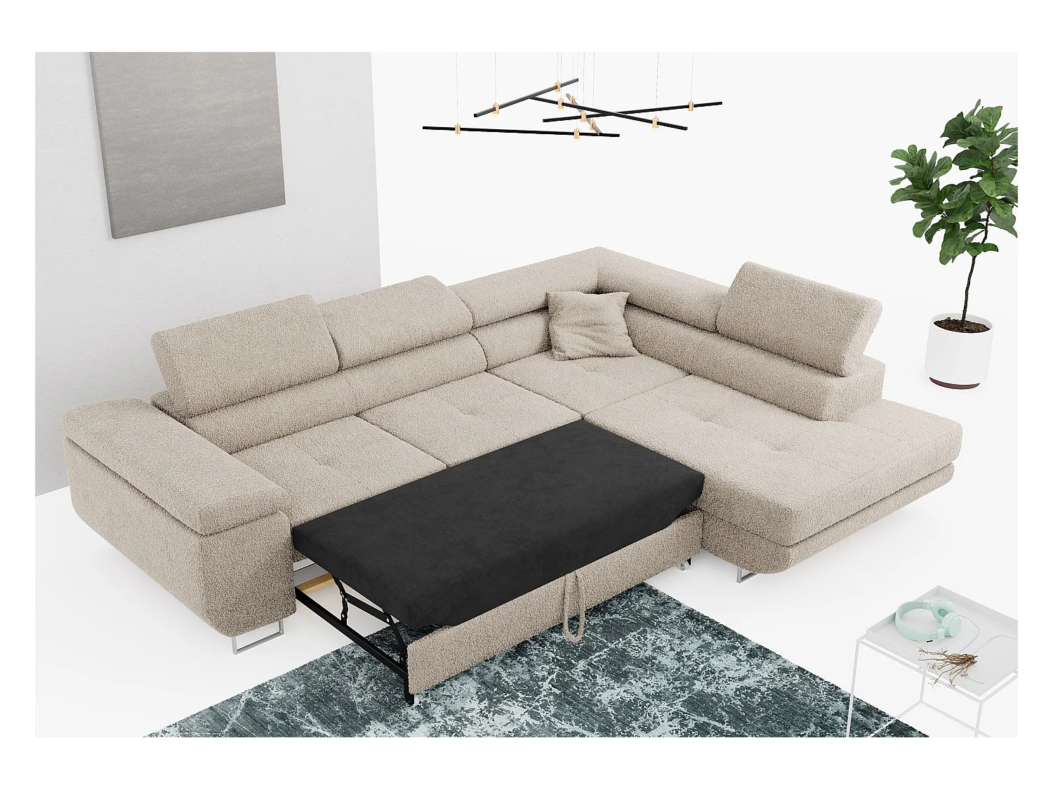 Ecksofa GUSTAW - mit Schlaffunktion, verstellbare Kopfstützen, Metallbeine - Creme Boucle - Ecke Rechts