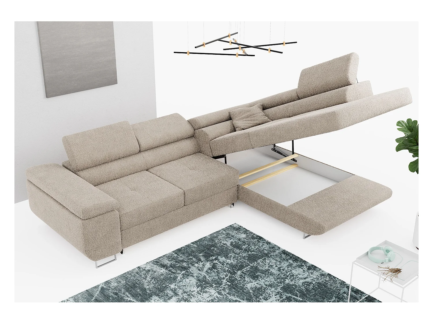 Ecksofa GUSTAW - mit Schlaffunktion, verstellbare Kopfstützen, Metallbeine - Creme Boucle - Ecke Rechts