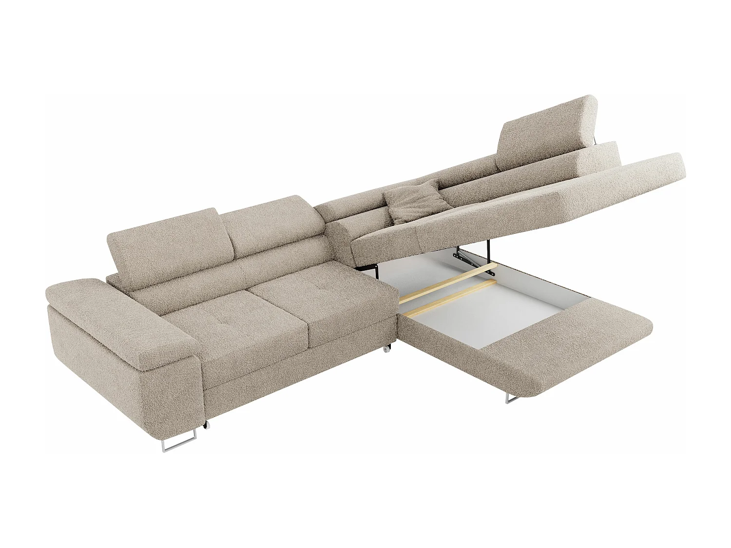 Ecksofa GUSTAW - mit Schlaffunktion, verstellbare Kopfstützen, Metallbeine - Creme Boucle - Ecke Rechts
